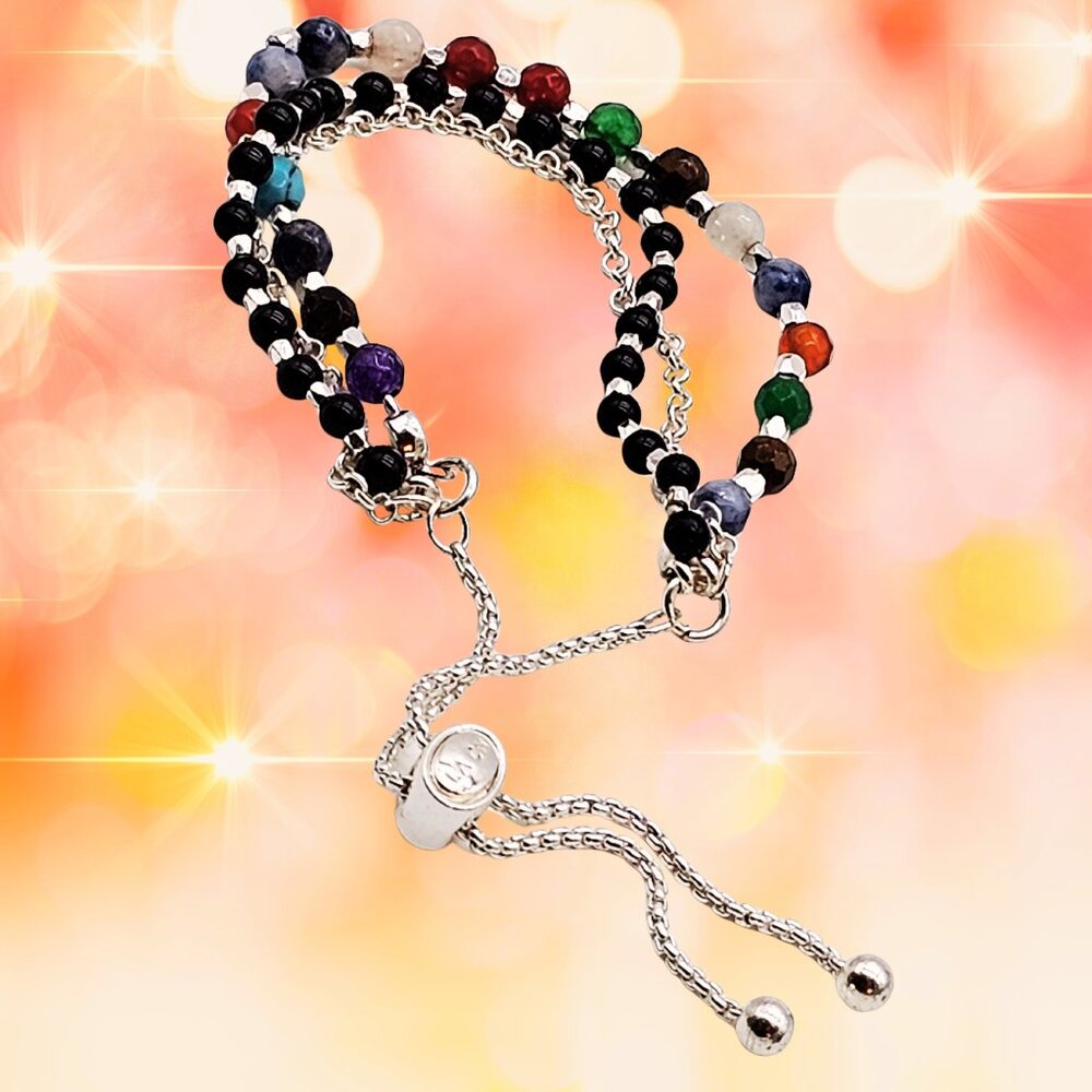 Multistone Adjustable Slider Bracelet | Silver Tone Chain & Black Beads